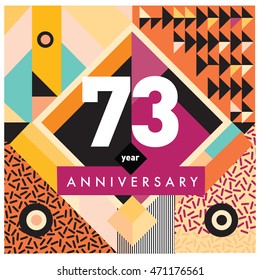 73th years greeting card anniversary with colorful number and frame. logo and icon with Memphis style cover and design template