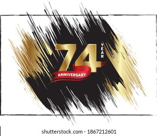 74 Anniversary celebration, Luxury anniversary template over gold and black brush, Golden number with red ribbon isolation background, Party event decoration, Vector.