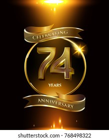 74 anniversary logo with golden ring and ribbon colored isolated on black background, vector design for party greeting card and invitation card. celebration logotype template