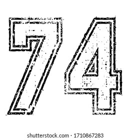 74 Classic Vintage Sport Jersey / Uniform numbers in black with a black outside contour line number on white background for American football, Baseball and Basketball or soccer for shirt