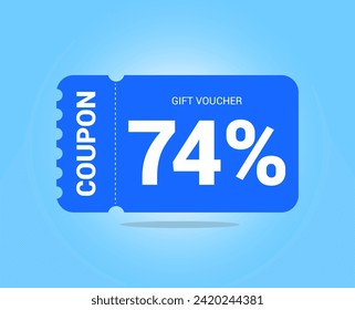 74% coupon promotion sale. Seventy four percent Vector Gift Voucher. Blue discount, lucky ticket, special offer promo. Web, shopping label, percent sign. Special price offers.