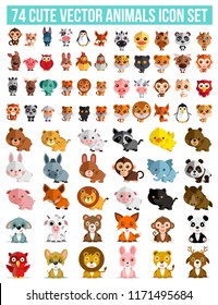 74 Cute Vector Animals icon set  isolated on a white background