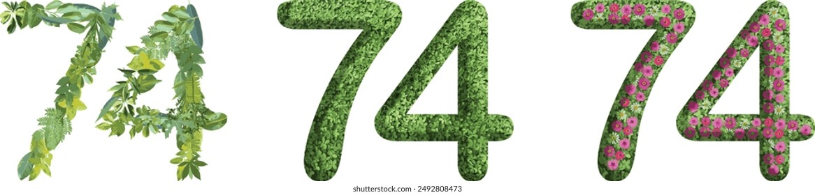 74, design made from green grass, leaves and flower, .suitable for birthday, anniversary and memorial day templates, go green concept	
