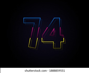 74 number colorful outline stroke font. Trendy, dynamic creative style design. Vivid vector font for logo, brand label, design elements, nightlife, application etc