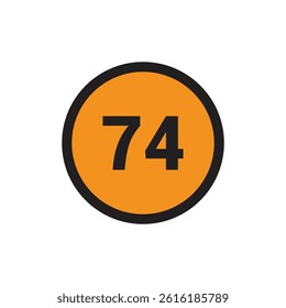 74 Number icon vector Orange Circle with Black design