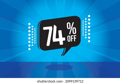 74% off. Blue banner with seventy four percent discount on a black balloon for mega big sales.