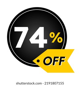 74% off limited special offer. Banner with 74 percent off in black and yellow circular balloon
