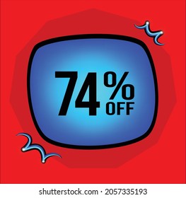 74% off, 74 percent, blue icon, red background