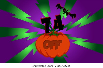 74 percent off. Banner, with pumpkin, green rays and purple background with gradient, bat wings, halloween theme.