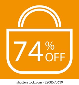 74 percent off. Orange banner with shopping bag illustration.