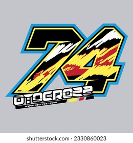 74. racing number black color, sport racing number with white,red and yellow abstract style vector illustration .Isolated light blue background suitable for sticker, sticker