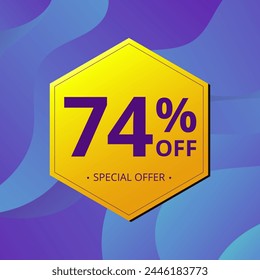 74% Sale and Discount Label. Seventy four percent Sale Discount label Geometric design. Abstract Blue and Yellow Hexagon. Vector illustration.