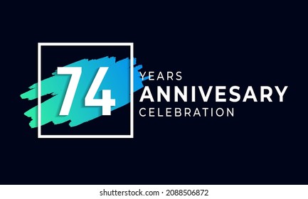 74 Year Anniversary Celebration with Blue Brush and Square Symbol. Happy Anniversary Greeting Celebrates Event Isolated on Black Background