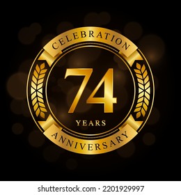 74 Year Anniversary celebration template design, with shiny ring and gold ribbon, laurel wreath isolated on black background, logo vector
