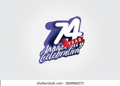 74 year anniversary, Italic Style with ribbon celebration logotype. Simple Blue color design isolated on Grey background - vector 