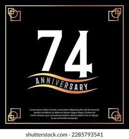 74-jähriges Logo-Design, weiße goldene Abstraktion auf schwarzem Hintergrund mit goldener Rahmenvorlage zur Illustration