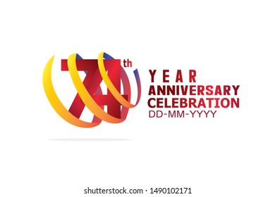 74 Year Anniversary, Red Color Text and Yellow-Orange-Blue Ribbon. Isolated graphic anniversary for banner, greeting card - vector