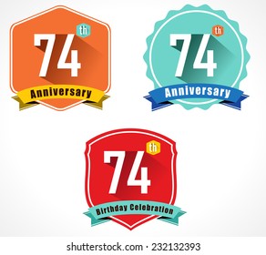 74 year birthday celebration flat color vintage label badge, 74th anniversary decorative emblem - vector illustration eps10