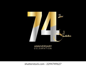 74 Years Anniversary Celebration gold and silver Vector Template, 74 number logo design, 74th Birthday Logo,  logotype Anniversary, Vector Anniversary For Celebration, poster, Invitation Card