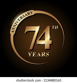 74 years anniversary celebration. Anniversary logo with ring and elegance golden color isolated on black background, vector design for celebration, invitation card, greeting card, and banner