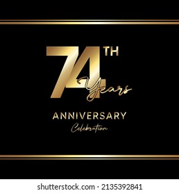 74 years anniversary celebration. Anniversary logo with golden color isolated on black background, vector design for celebration, invitation card, greeting card, and banner
