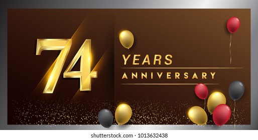 74 years anniversary celebration logotype. anniversary logo with golden color, balloon and confetti isolated on elegant background, vector design for celebration, invitation card, and greeting card