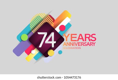 74 years anniversary colorful design with circle and square composition isolated on white background for celebration