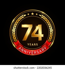 74 years anniversary, golden anniversary celebration logotype with red ribbon isolated on black background, vector illustration