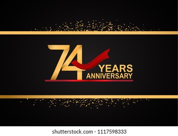 74 years anniversary golden design with red ribbon and glitter background for celebration