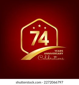 74 Jahre Jubiläum im Inneren von Goldhexagon und Kurve mit rotem Hintergrund