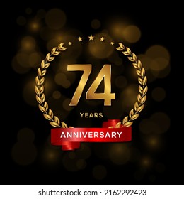 74 years anniversary logo with golden  laurel and red ribbon for booklet, leaflet, magazine, brochure poster, banner, web, invitation or greeting card. Vector illustrations.
