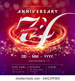 74 years anniversary logo template on red and pink  futuristic space background. 74th modern technology design celebrating numbers with Hi-tech network digital technology concept design elements