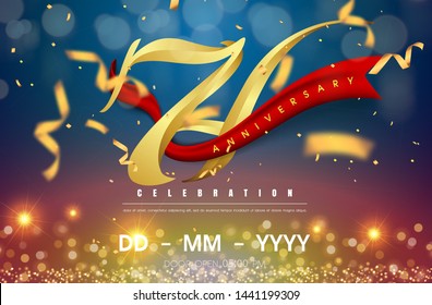 74 years anniversary logo template on gold and blue background. 74th celebrating golden numbers with red ribbon vector and confetti isolated design elements