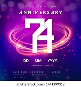 74 years anniversary logo template on purple Abstract futuristic space background. 74th modern technology design celebrating numbers with Hi-tech network digital technology concept design elements.