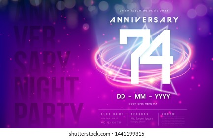 74 years anniversary logo template on purple Abstract futuristic space background. 74th modern technology design celebrating numbers with Hi-tech network digital technology concept design elements.