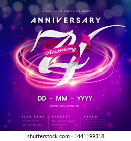 74 years anniversary logo template on purple Abstract futuristic space background. 74th modern technology design celebrating numbers with Hi-tech network digital technology concept design elements.