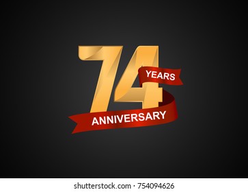 74 years anniversary logotype with elegance gold color and warp red ribbon