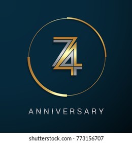 74 Years Anniversary Logotype with  Gold and Silver Multi Linear Number in a Golden Circle , Isolated on Dark Background