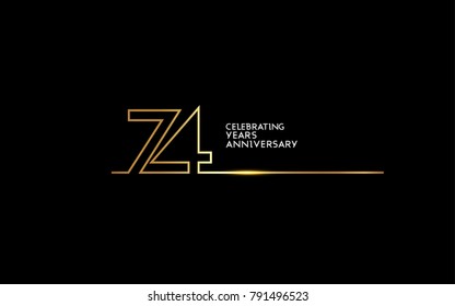 74 Years Anniversary logotype with golden colored font numbers made of one connected line, isolated on black background for company celebration event, birthday