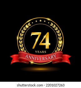 74 Years Anniversary template design, with shiny ring and red ribbon, laurel wreath isolated on black background, logo vector