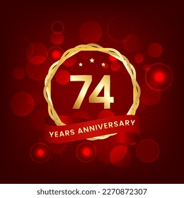 74 Jahre Jubiläum. Jubiläumsvorlage Design mit Goldnummer und rotem Band, Design für Veranstaltung, Einladungskarte, Grußkarte, Banner, Poster, Flyer, Buchumschlag und Druck. Vektorgrafik-EPS10