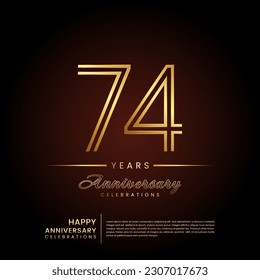 74 years anniversary, anniversary template design with double line number and golden text for birthday celebration event, invitation, banner poster, flyer, and greeting card, vector template