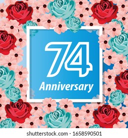 74 Years anniversary. Vector design greeting card with decorative floral for celebration