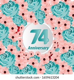 74 Years anniversary. Vector design greeting card with decorative floral for celebration