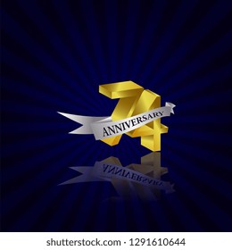 74 years anniversary Vector Template Design with golden color and silver ribbon isolated on blue sunburst background illustration for celebration event - Vector