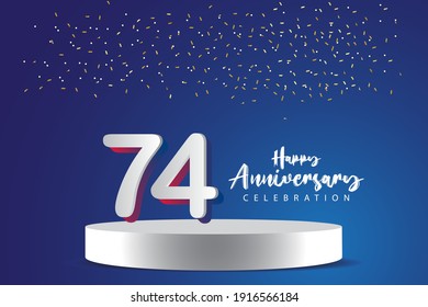 Ilustración de diseño de plantillas vectoriales de 74 años. Números 3d azules con escenario de podio para celebración