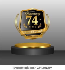 74 years gold anniversary celebration logo with 3d golden cylinder podium , isolated on grey background