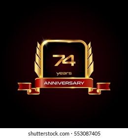 74 years gold anniversary celebration square logo with red ribbon  , isolated on dark background