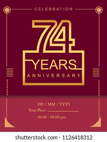 74 years golden anniversary design line style with square golden color for anniversary celebration event.