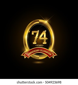 74 years golden anniversary logo with red ribbon and oval ring
